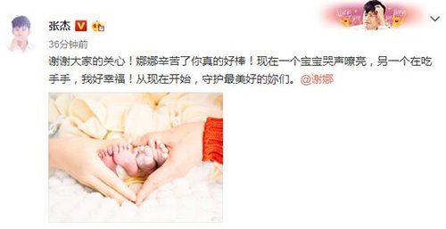 謝娜產(chǎn)下雙胞胎 張杰升級當(dāng)爸爸